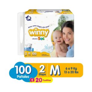 Pañal winny ultratrim sec 2 M x 100 + 20 toallitas humedas aloe vera y vitamina E