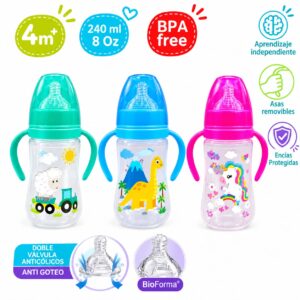 Biberón plástico boca ancha con asas genial 4m+ 250mL/8oz